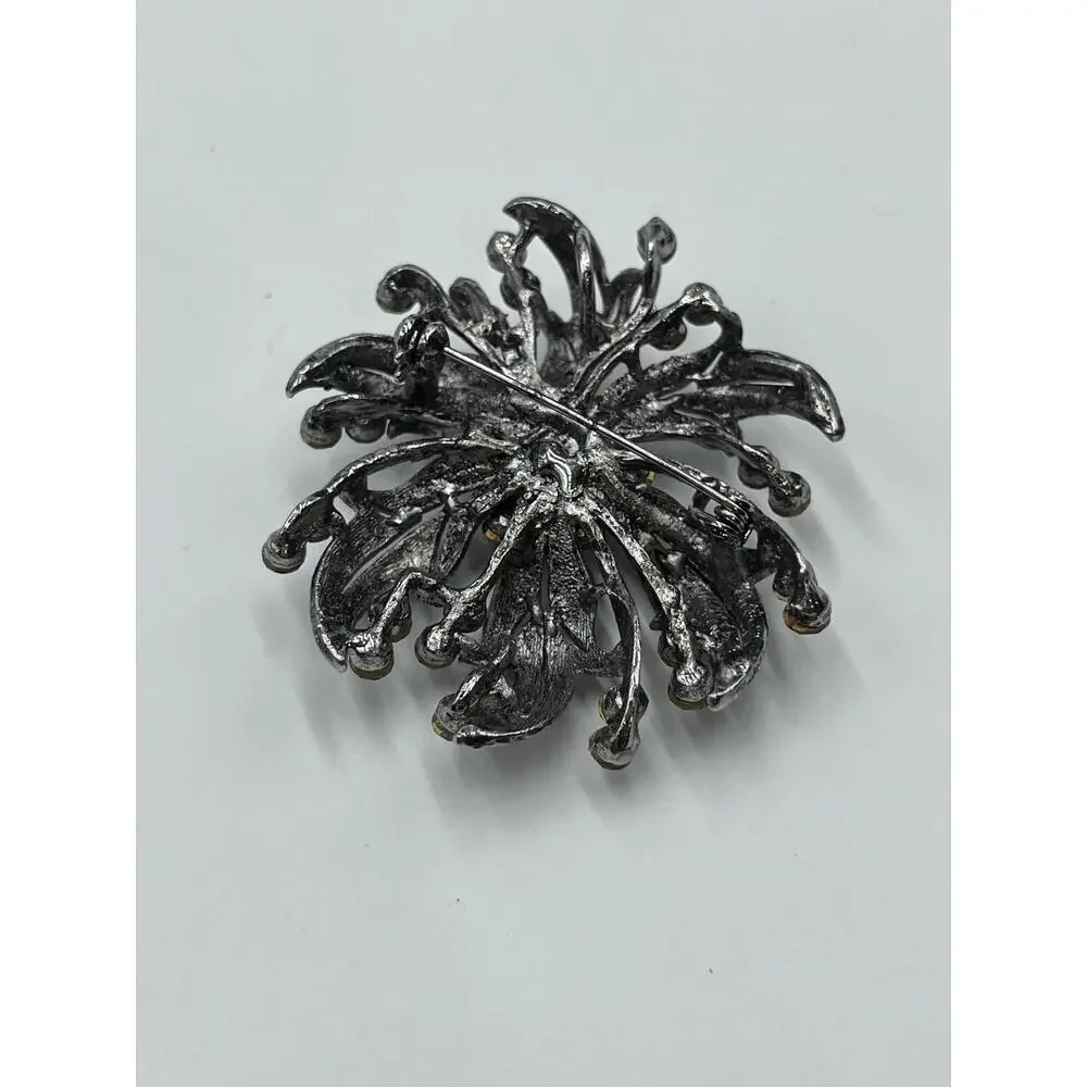 Vintage Black Metal‎ Brooch Pin Black clear Stones flower leaf bow ribbon Spray